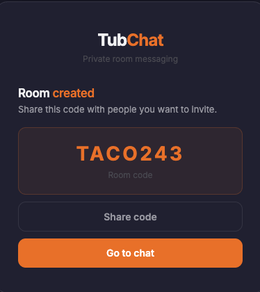 TubChat room code screen preview